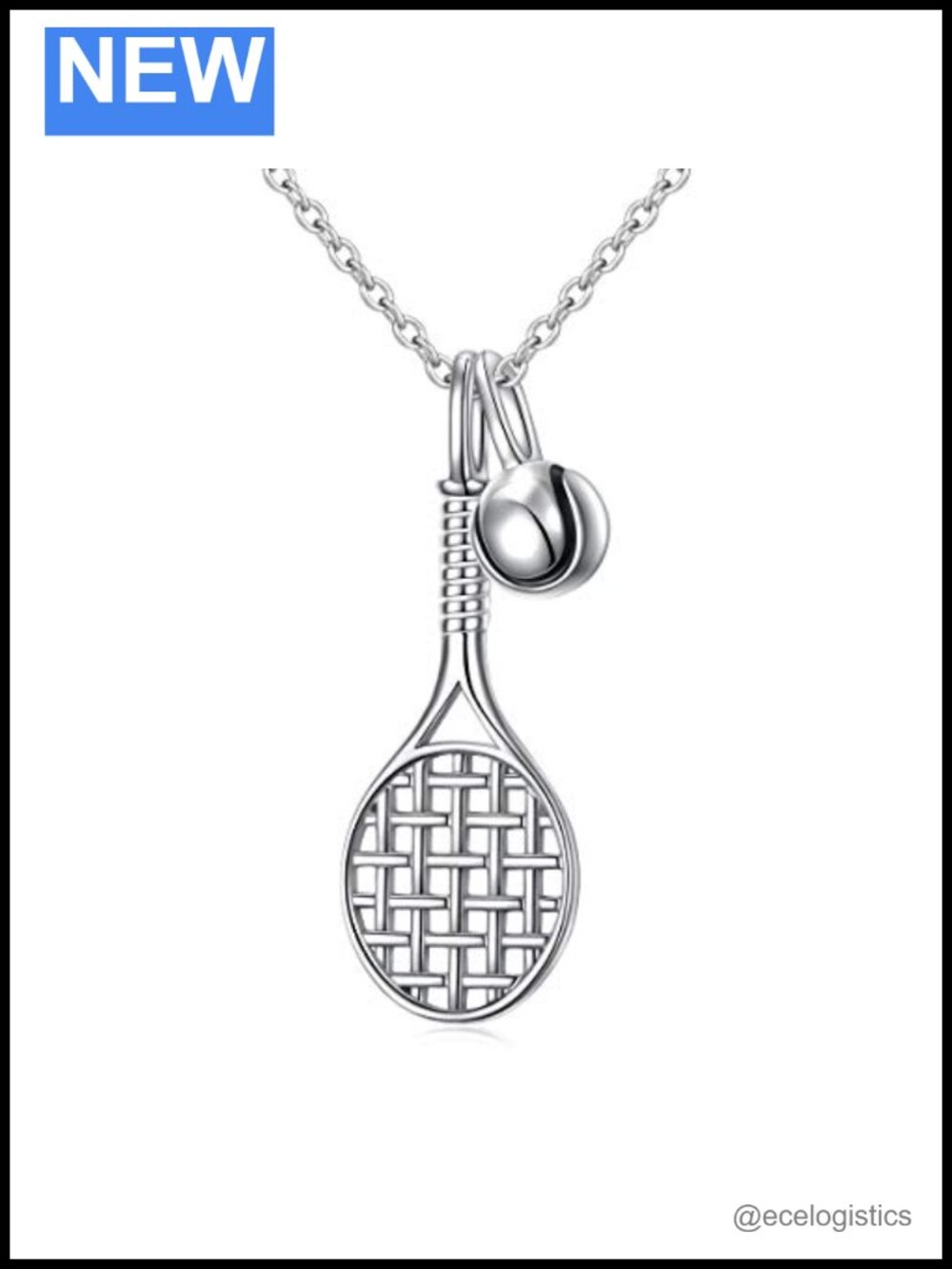 S925 Sterling Silver Tennis Racket Pendant Necklace 20" Rolo Chain